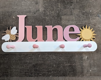 Personalized Ombre Bee and Sun Coat Rack - Girls Personalized Coat Rack - Wall Peg - Bumblebee and Sunshine Themed Coat Rack - Peg Rack