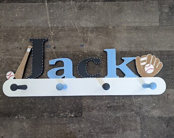 Personalized Coat Rack - Kids Personalized Sports Coat Rack - Wall Peg - Custom Hanger - Baseball Wall Rack - Baseball Themed Kids Coat Rack