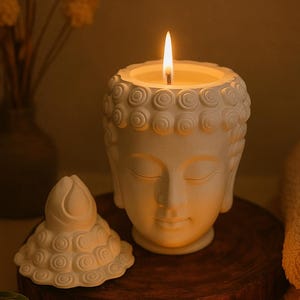 May include: A white Buddha head candle holder with a lit candle, a separate lotus-shaped lid, and a small LED candle. The candle holder and lid are on a wooden surface, with a soft, warm glow.