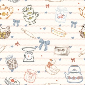 May include: A repeating pattern of kitchen and baking-themed illustrations. The design includes teapots, teacups, rolling pins, jars of cookies and jam, a scale, a bread box, a duck, and bows, all in a soft color palette.