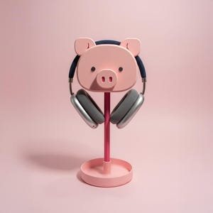 May include: A pink pig-shaped headphone stand with a pair of gray and navy blue headphones. The stand has a round base and a vertical support. The pig has black dot eyes and a small snout. The background is a solid pink.