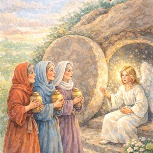 Puede incluir: Pintura a la acuarela que representa a tres mujeres con túnicas acercándose a una tumba con una gran piedra rodada. Un ángel con túnica blanca y alas está sentado cerca. El texto "The Stone is Rolled Away" está en la parte superior.