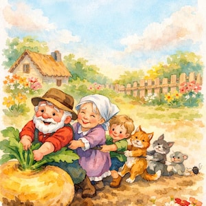Puede incluir: Ilustración en acuarela de la portada de un libro infantil titulado "El Nabo". Un granjero, una mujer y un niño tiran de un nabo grande. Gatos y un ratón se unen al esfuerzo. Una casa, una valla y flores en el fondo.