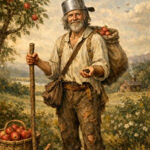 May include: An illustration of Johnny Appleseed, a man with a beard and a metal pot hat, carrying a sack of apples. He holds a walking stick and a handful of seeds, with a basket of apples and a shovel nearby.