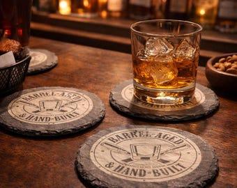 Engraved Slate Whiskey Coaster Set | Barrel Aged & Hand Built | Rustic Barware Gift for Men | Bourbon Lover Gift | 4 Pack