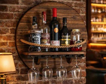 Rustic Wall‑Mounted Liquor Shelf | Solid Wood Bar Display with Rope Guard & Glass Rack | Handmade Home Wine and Whiskey Bar Gift