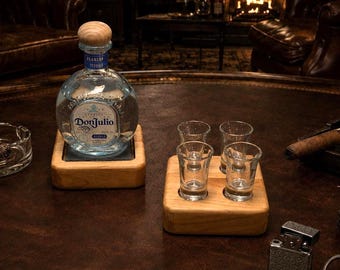 Handcrafted Cherry Wood Bar Set | Bottle Pedestal + Flight Board | Whiskey & Tequila Gift for Men, Masculine Home Bar Decor, Rustic Bar Gift