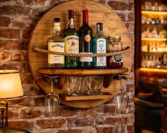 Solid Wood Liquor Shelf, Rustic Wall Mounted Bar Cabinet, Whiskey Bourbon Display Rack, Hanging Wine Whiskey Glass Holder, Home Bar Decor