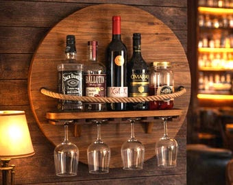 Rustic Wall‑Mounted Liquor Shelf | Solid Wood Bar Display with Rope Guard & Glass Holder | Handmade Home Wine and whiskey Bar Gift
