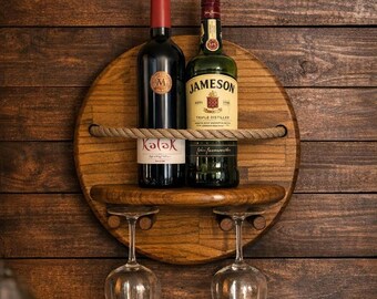 Handcrafted Solid Wood Wine Shelf | Round Wall‑Mounted Wine Rack with Rope Guard & Glass Holders | Rustic Home Bar Decor | 15x15x6