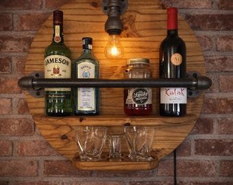 Industrial Black Pipe Wall‑Mounted Liquor Wine Shelf with Light – Rustic Solid Wood Whiskey Bar Display – Glass Holders - Home Bar Decor