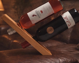Solid Oak Balanced Bottle Holder: Rustic Gravity-Defying Wine Display