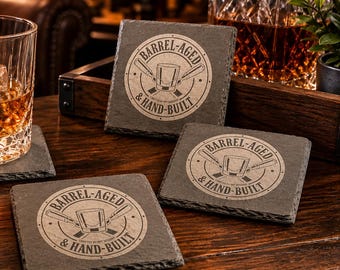 Engraved Slate Whiskey Coaster Set (Square) | Barrel Aged & Hand Built | Rustic Barware Gift for Men | Bourbon Lover Gift | 4 Pack
