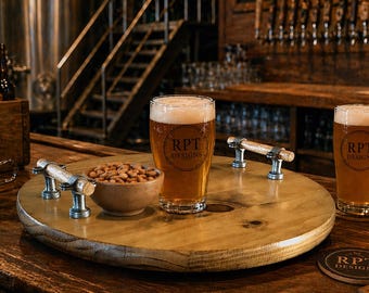 Craft Brewed Rotating Serving Tray – Solid Pine Lazy Susan with Taproom‑Style Steel Handles, Handcrafted Centerpiece for Beer Enthusiasts