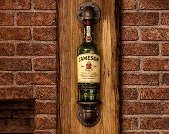 Industrial Whiskey Bottle Wall Lamp – Walnut Live Edge Bar Light – Rustic Pipe Sconce for Home Bar & Man Cave – Handmade LED Bottle Lamp