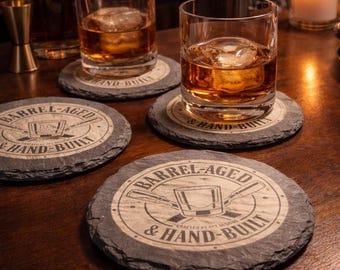 Engraved Slate Coaster Set | Natural Stone Drink Coasters | Rustic Bar Decor | Bourbon Whiskey Gifts 4 Pack