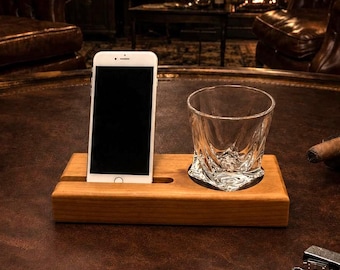 After‑Hours Coaster Dock | Cherry Wood Phone & Glass Stand | Leather Insert Desk‑Bar Hybrid | Whiskey Gift for Him, Handmade Men’s Organizer