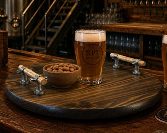 Craft Brewed Espresso Lazy Susan — Dark Pine Rotating Whiskey Tray with Steel Handles, Cigar‑Lounge Bar Top Centerpiece