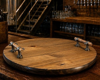 Medium Pine Rotating Bar Tray — Craft Brewed Tavern Serving Board with Steel Handles, Rustic Lazy Susan for Hosting & Whiskey Flights