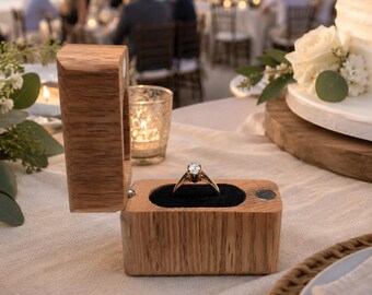 Oak Ring Box – Wooden Engagement Ring Holder – Magnetic Lid – Rustic Wedding Proposal Box, Handmade Gift for Couples, Hand Finished Heirloom