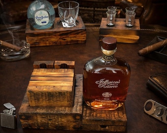 Heritage Series 3‑Piece Bundle – Reclaimed Barn Beam Bar Set – Whiskey Block, Flight Board & Pour Station – Rustic Bar Gift for Him