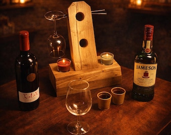Reclaimed Barn Wood Wine & Whiskey Rack — Rustic Bottle Holder with Full‑Grain Leather, Handmade Bar Display, Cabin and Lodge Décor Gift