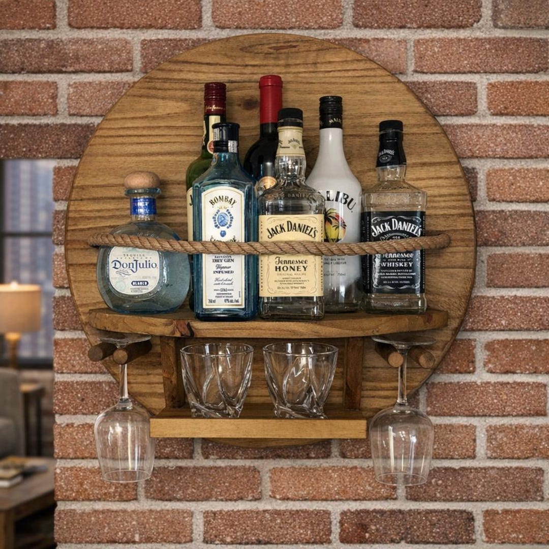Solid Wood Liquor Shelf, Rustic Wall Mounted Bar Cabinet, Whiskey ...