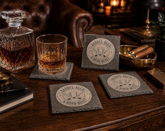Square Slate Whiskey Coaster Set | Barrel Aged & Hand Built | Rustic Lodge Decor | Bourbon Gift for Him | 4 Pack