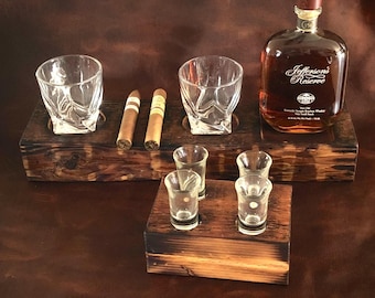 Heritage Barware Bundle – Reclaimed Barn Beam Gentleman’s Block & Whiskey Flight board Tray, Rustic Bourbon Gift Set, Cigar and Shot Display