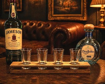 Handcrafted Hardwood Shot Glass Flight Board, Oak Shot Glass Holder, Leather Inserts, Whiskey & Tequila Tasting Tray, Rustic Home Bar Decor