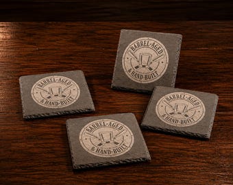 Square Natural Slate Coasters, Engraved Drink Coasters for Men, Rustic Barware, Bourbon & Whiskey Lover Gift, Home Bar Accessories, 4 Pack