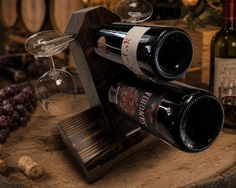 Dark Reclaimed Wood Wine Rack — Handmade Rustic Bottle & Glass Holder, Lodge Cabin Bar Display, Wine Lovers Gift