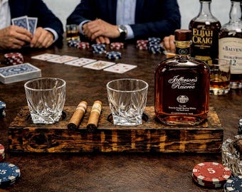 Reclaimed Barn Beam Whiskey & Cigar Display | 22″ Rustic Bar Shelf for Bottle, Glasses and Cigars | Handmade Bourbon Gift