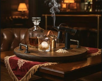 Solid Wood Whiskey Flight Lazy Susan — Espresso Tasting Board with Industrial Handles, Bourbon Flight Tray, Rotating Bar Top Centerpiece