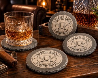 Bar Cart Gift Ideas | Engraved Coaster Set | Whiskey & Bourbon | Father’s Day, Birthday, Anniversary | Rustic Decor | 4 Pack Slate Coasters
