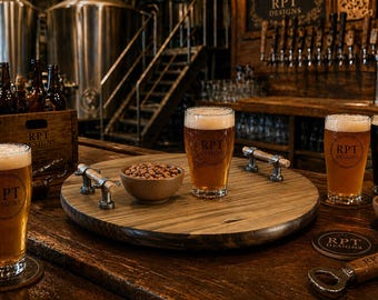 Craft Brewed Tavern Lazy Susan — Medium Stain Pine Rotating Bar Tray with Steel Handles, Rustic Pub‑Style Serving Board for Beer & Whiskey