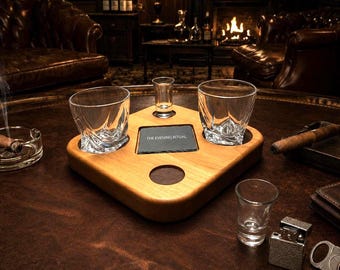 Gentleman’s Bar Slab – Reclaimed Cherry Wood Whiskey Serving Tray – Engraved Slate Coaster – Bottle & Glass Display – Premium Home Bar Gift