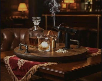 Solid Wood Whiskey & Cigar Ritual Lazy Susan, Espresso Bar Tray, Industrial Handles, Speakeasy Bourbon Centerpiece, Masculine Home Bar Décor