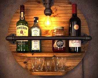 Industrial Black Pipe Wall‑Mounted Liquor Wine Shelf with Edison Style Light – Rustic Solid Wood Whiskey Bar Display