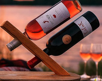Solid Oak Balanced Bottle Holder, Rustic Gravity‑Defying Wine & Whiskey Display, Handmade Bar Décor, Masculine Gift for Wine, Bourbon Lovers