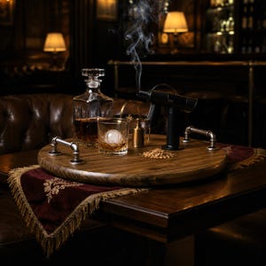 May include: A round wooden serving tray with industrial-style metal pipe handles, featuring a glass decanter filled with amber liquid, a glass with a spherical ice cube, a small gold-toned metal canister, and a black handheld smoking device.