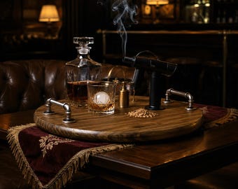 Solid Wood Rotating Bar Tray, Rustic Whiskey Centerpiece, Industrial Handles, Handmade Serving Board for Home Bar, Coffee Table, Lounge