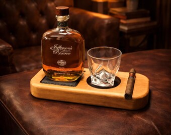 Ritual Series Cherry Whiskey Station, Reclaimed Cherry Bottle, Glass Tray with Slate, Leather Insert & Cigar Rest, Premium Bar Gift for Him