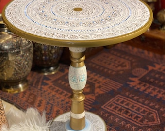 Accent Round Wood End Table for Room Centerpiece – Handcrafted Painted Table Decor