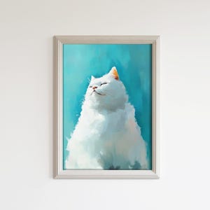 Serene White Cat Portrait | Minimalist Digital Oil Painting | Modern Feline Wall Art | Digital Download
