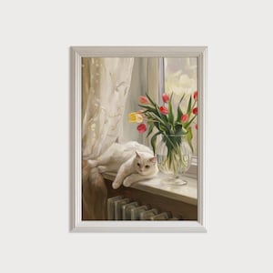 White Cat by the Window | Digital Oil Painting | Cozy Vintage Wall Art | Printable Cat Artwork | Digital Download