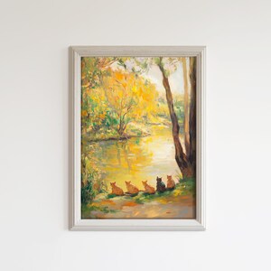 Serenità illuminata dal sole - Gatti sulla riva del fiume / Pittura a olio digitale impressionista / Opera d&#39;arte di gatti stampabile / Download digitale