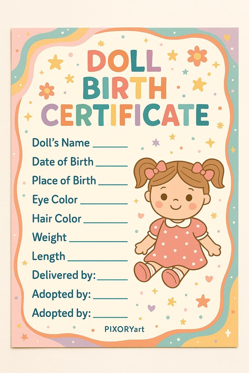 Printable Doll Birth Certificate – Cute Colorful PDF for Kids | Digital ...