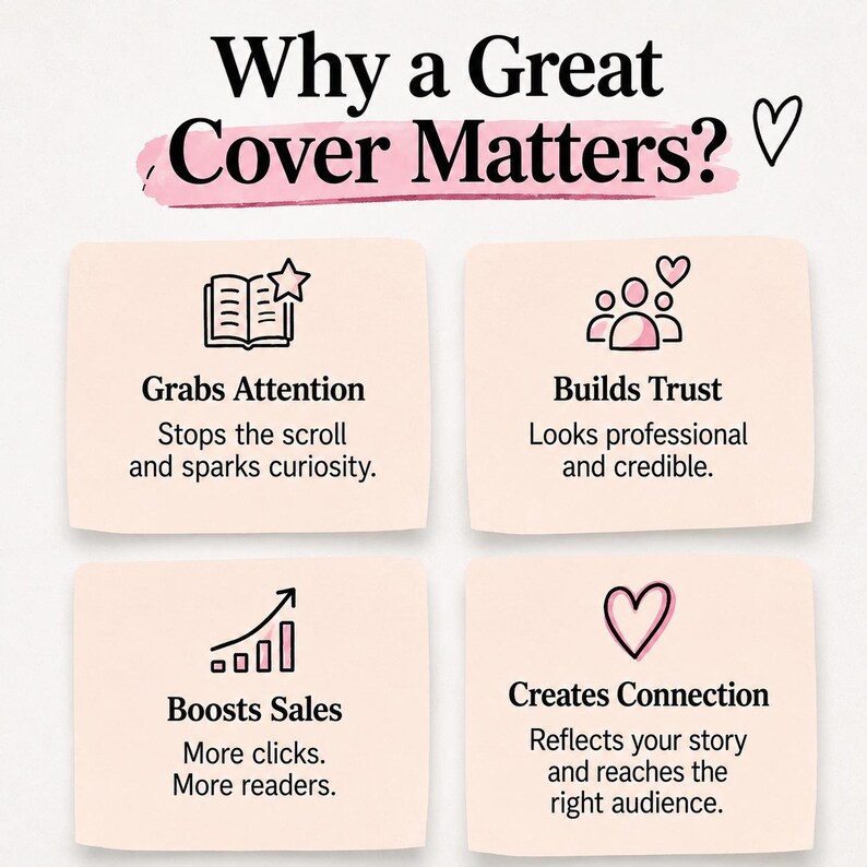 May include: An infographic titled Why a Great Cover Matters? with four sections on light pink square backgrounds. Icons include an open book with a star, a group of people with a heart, a rising bar graph, and a heart. Text details benefits for attention, trust, sales, and connection.