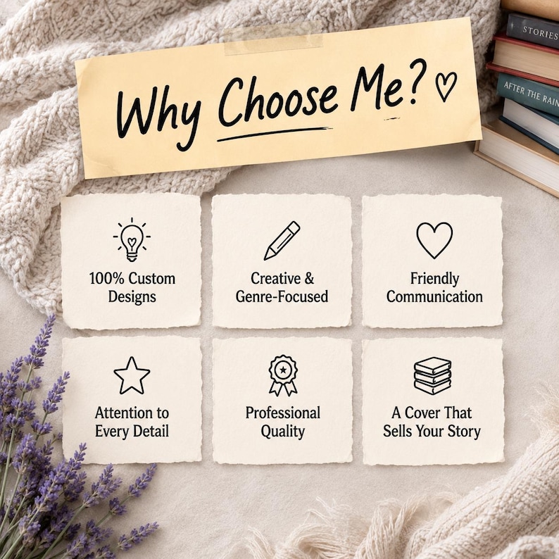 May include: A beige sign with the text Why Choose Me? and a heart icon, featuring six square cards with black text and icons: 100% Custom Designs, Creative & Genre-Focused, Friendly Communication, Attention to Every Detail, Professional Quality, and A Cover That Sells Your Story.